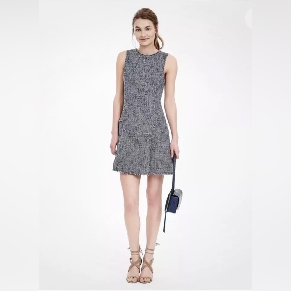 Banana Republic Tweed Dress Womens Blue Fringe Drop Waist Sheath Lined 6 EUC